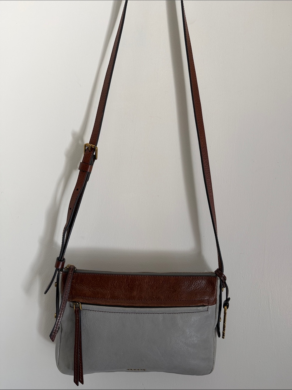 Fossil Two-Tone Fiona Leather Crossbody Bag in Brown and Light Gray